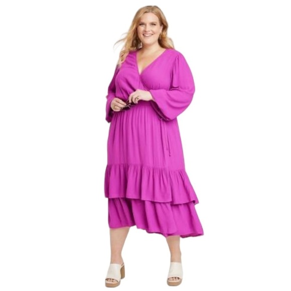 KNOX Rose Raspberry Verbena Long Sleeve Wrap Dress 3X True Wrap Midi Length - Picture 1 of 13